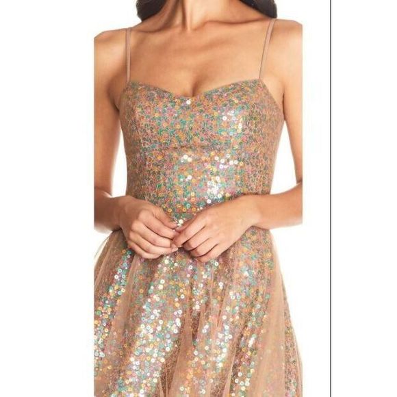 Dress The Population Sz XS Nude/Multi Ensley Sequin Embroidered Tulle Dress $298 - Picture 13 of 13